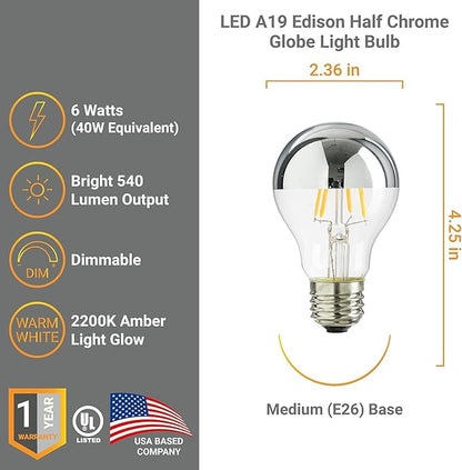 Diodesy- Half Chrome Dimmable LED Light Bulb A19 Round Shape 6W (40W Equivalent) E26 Base 2200K Amber Light 540LM Silver Bowl Edison Chrome Tipped Reflected Glass for Bathroom Vanity Mirror Pack of 6
