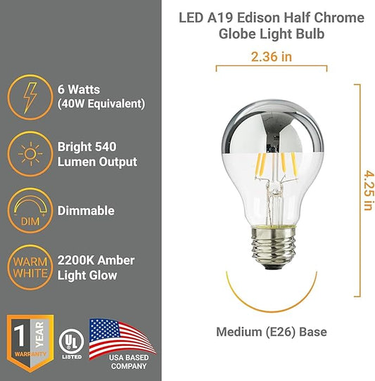Diodesy- Half Chrome Dimmable LED Light Bulb A19 Round Shape 6W (40W Equivalent) E26 Base 2200K Amber Light 540LM Silver Bowl Edison Chrome Tipped Reflected Glass for Bathroom Vanity Mirror Pack of 6