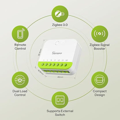 SONOFF MINI Duo 2 - Channel Zigbee Smart Switch, Zigbee 3.0 Enabled, 16A Total Load, Compact for Standard Boxes, Remote & Automated Control via Zigbee Hub