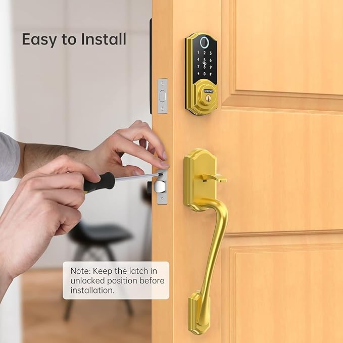 SMONET Smart Lock Front Door with Handle, Keyless Entry Door Lock Set, Fingerprint Smart Deadbolt with App Bluetooth, Electronic Keypad Auto Lock Compatible with Alexa, Gold