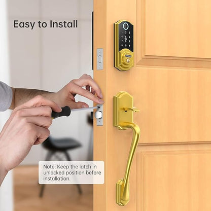 SMONET Smart Lock Front Door with Handle, Keyless Entry Door Lock Set, Fingerprint Smart Deadbolt with App Bluetooth, Electronic Keypad Auto Lock Compatible with Alexa, Gold