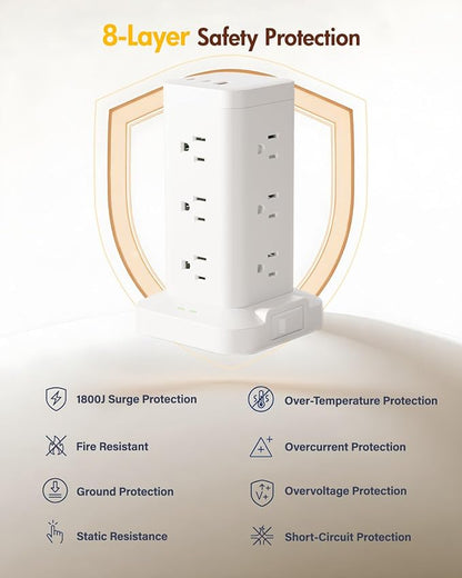 Power Strip Tower with Surge Protector 1800J, Fast Charging Tower PD20W USB-C Ports with 12 AC Outlets, 10ft Extension Cord for Home Office Dorm Room, White