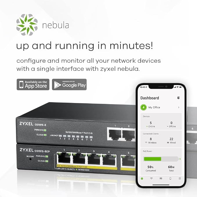 Zyxel 8 Port Network Ethernet Switch | Smart Managed PoE+ | GS1915-8EP | 8x PoE+ Ports with 60W Budget, Fanless, NebulaFlex, VLAN, QoS, IGMP Snooping, Wall Mount Kit Included, Compact Desktop Design