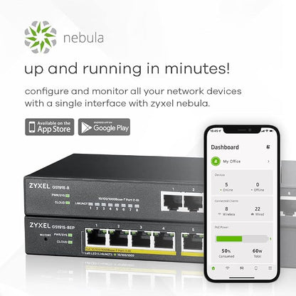 Zyxel 8 Port Network Ethernet Switch | Smart Managed PoE+ | GS1915-8EP | 8x PoE+ Ports with 60W Budget, Fanless, NebulaFlex, VLAN, QoS, IGMP Snooping, Wall Mount Kit Included, Compact Desktop Design
