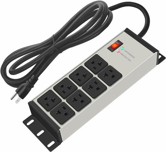 CCCEI Heavy Duty Power Strip Surge Protector 20 AMP, 8 Outlets 12 Gauge Industrial Shop Garage Metal Multiple Outlets, 10 FT Extension Cord 5-15P Adapter High Amp 6-20R T-Slot 20a for Appliance