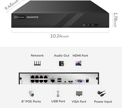 ONWOTE 8 Channel 4K 8MP NVR (Built-in 8 PoE Ports), Motion Detection, 8CH Video Audio Recorder, Only Work with ONWOTE 8MP/ 6MP/ 5MP PoE IP Cameras, 8-CH Synchro Playback (No Hard Drive Included)