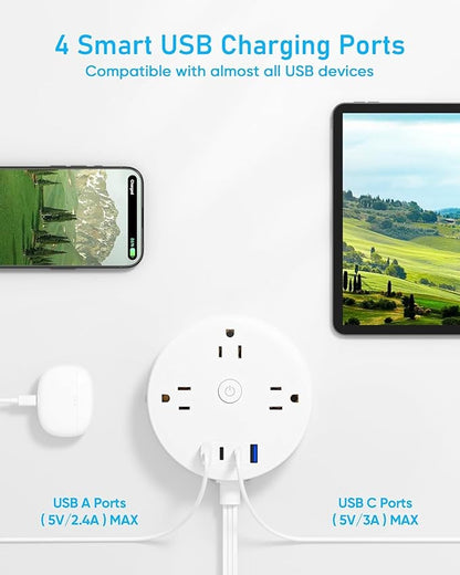 15FT 2 Prong Power Strip, Yozisital 2 Prong to 3 Prong Outlet Adapter, Flat Extension Cord, Surge Protector with Rotating Plug, 6 Outlets 4 USB(2 USB C), Wall Mount, Ideal for Non-Grounded Outlets
