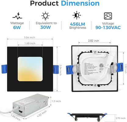 HONZIN 12 Pack 3 Inch Square Recessed Lighting, 5CCT Ultra Thin Square Recessed LED Downlight with Junction Box, 2700K/3000K/3500K/4000K/5000K Selectable, Dimmable,6W, Canless IC Rated, Black Trim