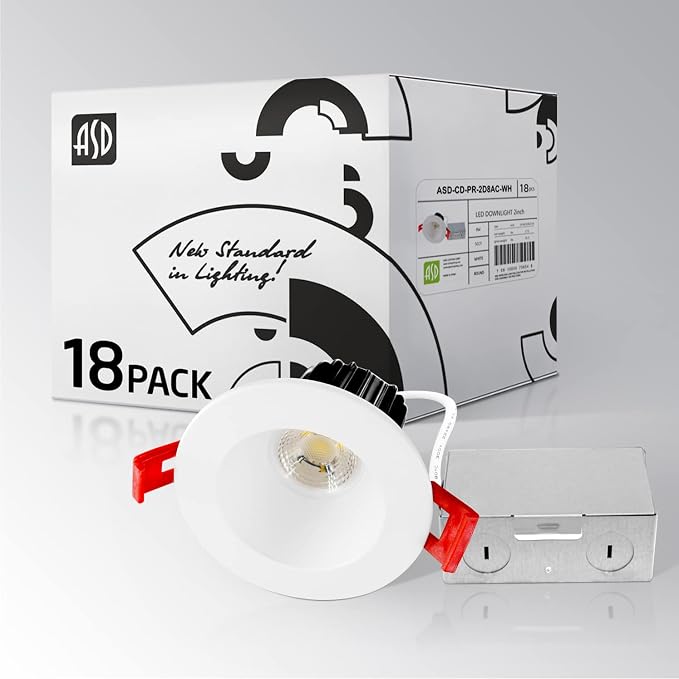 ASD 2 Inch LED Recessed Lighting with Junction Box, 8W 650 Lm, Dimmable Anti-Glare Downlight, 2700K/3000K/3500K/4000K/5000K Selectable, CRI 90+, Round White Trim, IC Rated, ETL, Energy Star, 18 Pack