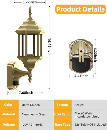 Redluck Motion Sensor Outdoor Lights, 2 Pack 16 inch Dusk to Dawn Outside Porch Lights, Waterproof Anti-Rust Aluminum Outdoor Wall Lights Exterior Lighting Fixtures for House, Garage, Front Door, Gold