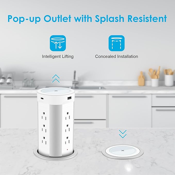 HEZI 4-inch Pop Up Countertop Outlet with 15W Wireless Charger,Max 45W Power Delivery,2 USB-A & 2 USB-C & 12AC Outlets Tamper Resistant 15A, Island Pop Out for Home Office Kitchen