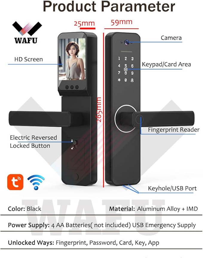 Smart Lock with 120° Wide-Angle Camera and Smart Doorbell Keyless Entry Door Lock Handle Aluminum Alloy Biometric Door Lock TY App Remote Operation WiFi for 35-60mm Office Home Bedroom Door