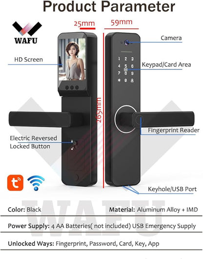 Smart Lock with 120° Wide-Angle Camera and Smart Doorbell Keyless Entry Door Lock Handle Aluminum Alloy Biometric Door Lock TY App Remote Operation WiFi for 35-60mm Office Home Bedroom Door