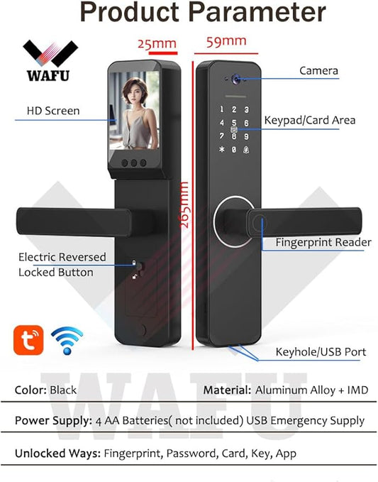 Smart Lock with 120° Wide-Angle Camera and Smart Doorbell Keyless Entry Door Lock Handle Aluminum Alloy Biometric Door Lock TY App Remote Operation WiFi for 35-60mm Office Home Bedroom Door