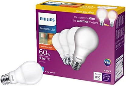 Philips LED Flicker-Free Frosted A19 Light Bulb, Dimmable Warm Glow Effect, 800 Lumen, 2700-2200K, 8.8W=60W, E26 Base, 6-Pack