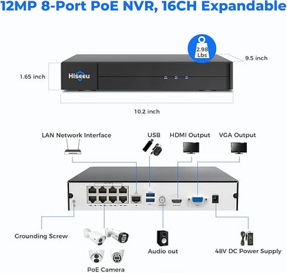 [12MP + 16CH Extendable] Hiseeu 12MP PoE NVR Network Video Recorder, Work with 12MP/8MP/5MP/4MP/3MP/1080P PoE Camera, Motion Detect, 24/7 Recording, Smart Playback, No Hard Drive