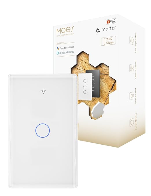 MOES Matter Smart Light Switch, 2.5D Glass Touch Wall Switch, Single Pole, Neutral Wire Required,2.4GHz Wi-Fi, Timer & Schedule, Remote & Voice Control with Alexa & Google Home, White 1 Gang
