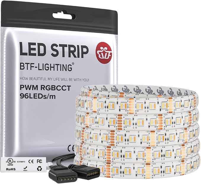 BTF-LIGHTING RGBCCT LED Strip UL Listed 16.4ft 96LED/m 300LED DC12V IP65 | White LED Tape 12mm wide 5 Colors in 1 RGB+Dimmable Tunable Color Temperature 2700K-6500K for Decor(No Adapter or Controller)