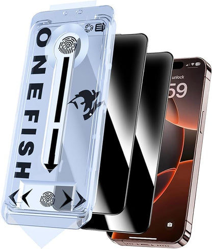 OneFish Privacy Screen Protector for iPhone 16 Pro Max [6.9 inch], Airbag Edge Protection Anti Spy Private Tempered Glass Film with Installation Frame 9H Scratch Resistant Easy Installation-2Pack.