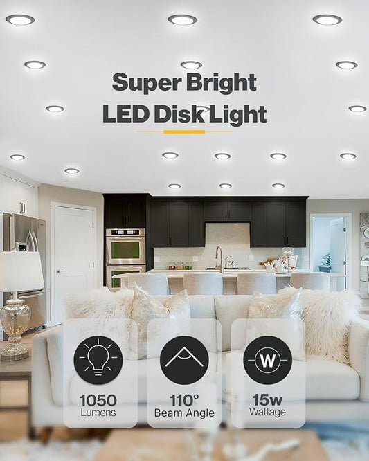 Sunco 12 Pack 6 Inch LED Disk Lights, Flush Mount Black Disc Recessed Ceiling Can Lighting, 1050 LM, Selectable CCT 2700K/3000K/4000K/5000K/6000K, Dimmable, 15W=100W, Wet Rated ETL