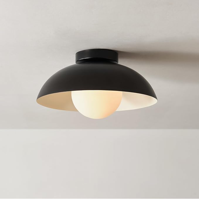 1-Light Matte Black Flush Mount Ceiling Light with White Opal Glass Shade | White Opal Glass Globe Shade, Wall or Ceiling Mount, Hallway or Entryway, Model 66000076