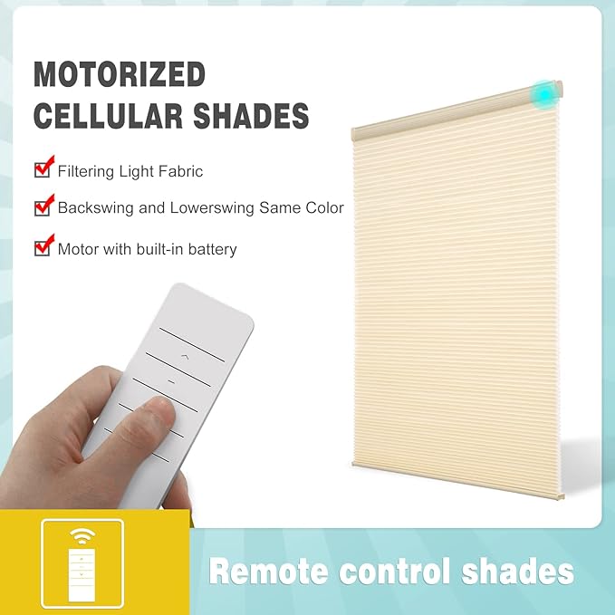 Motorized Cellular Blinds with Remote Control for Windows Custom, Motor Honeycomb Shade Customized Size Cordless, Electric Accordion Shades with Valance Cordless Privacy for Home, JZCMD-CET-BG-B