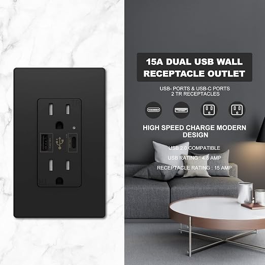 Micmi USB Outlet with C + A Wall Dual High Speed Receptacle Smart 4.8A Fast Charging Capability, 15 Amp 125Volt, Tamper Resistant Wall Plate Included UL Listed (10Pack, Black, 15 Amp Outlet)