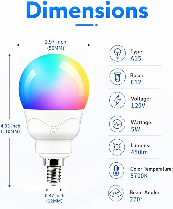 ILC E12 LED Light Bulbs (40w Equivalent) 5W, Color Changing RGB, A15 Small Base Candelabra Round Light Bulb, Candle Base, 2700K Warm White 12 Colors 2 Modes Timing with Remote Control (4 Pack)
