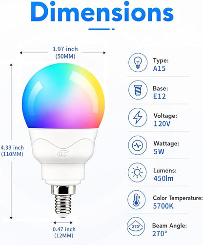 ILC E12 LED Light Bulbs (40w Equivalent) 5W, Color Changing RGB, A15 Small Base Candelabra Round Light Bulb, Candle Base, 2700K Warm White 12 Colors 2 Modes Timing with Remote Control (4 Pack)