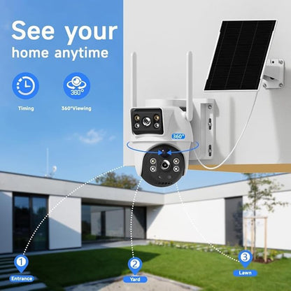 XIAOVV WiFi Security Camera, 4K Solar Dual-Eye Outdoor Wireless 360° PTZ WiFi Camera with Dual-Lens, Cloud Storage, SD Card Support up to 128GB, White, Wall Mount