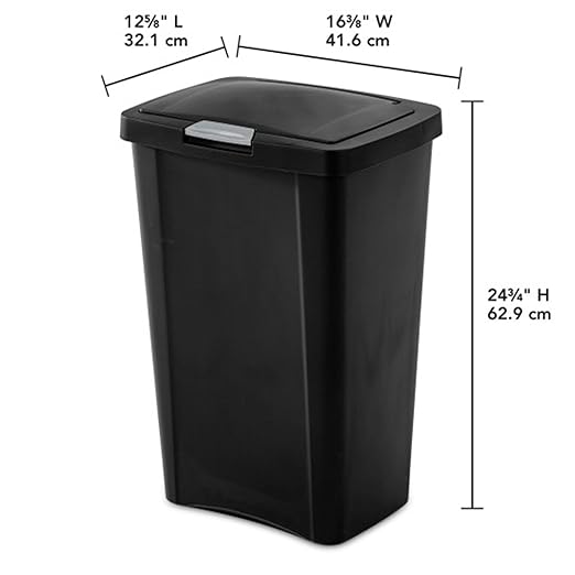 Sterilite 13 Gallon TouchTop Narrow Plastic Wastebasket with Secure Titanium Latch for Kitchen, Bathroom, and Office Use, Black (8 Pack)