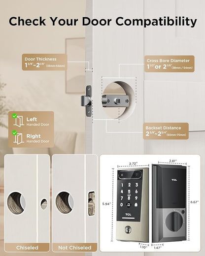 TCL D2 Pro Smart Lock with Palm Vein Recognition, Keyless Entry Door Lock for Front Door, Wi-Fi Keypad Deadbolt, App Remote Control, Auto Lock, Rechargeable Battery, Compatible with Alexa & Google