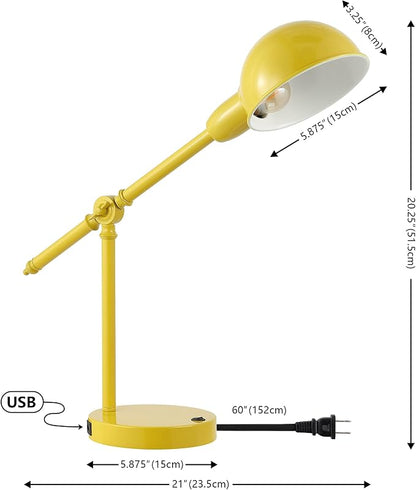 JONATHAN Y 20.25" Yellow Vintage Industrial Iron Adjustable Task Lamp with USB Charging Port for Office Desk, Metal Yellow Dome Shade, LED Bulb Included (JYL7123C)