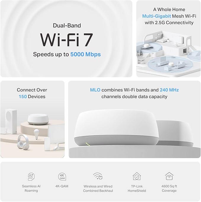 TP-Link Deco 7 BE25 Dual-Band BE5000 WiFi 7 Mesh Wi-Fi System | 4-Stream 5 Gbps, 240 Mhz Channels | Covers up to 4,600 Sq.Ft | 2X 2.5G Ports Wired Backhaul | VPN,MLO, AI-Roaming, HomeShield, 2-Pack