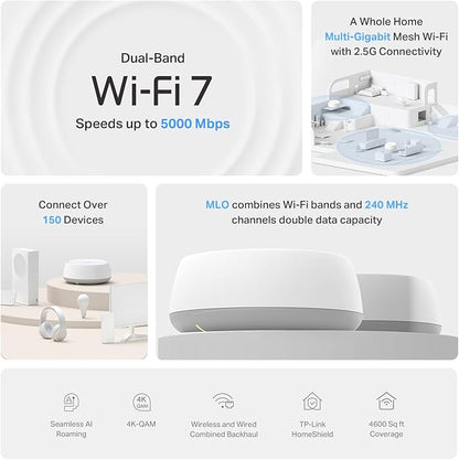 TP-Link Deco 7 BE25 Dual-Band BE5000 WiFi 7 Mesh Wi-Fi System | 4-Stream 5 Gbps, 240 Mhz Channels | Covers up to 4,600 Sq.Ft | 2X 2.5G Ports Wired Backhaul | VPN,MLO, AI-Roaming, HomeShield, 2-Pack