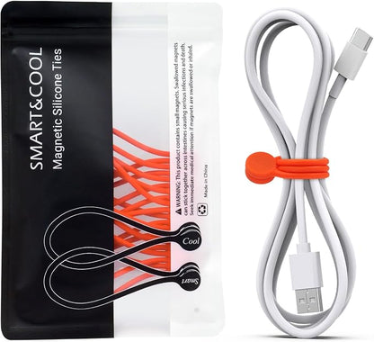 SMART&COOL Reusable Silicone Magnetic Cable Ties, Orange, 10-Pack | For Bundling and Organizing, Holding Stuff, Book Markers, Fridge Magnets