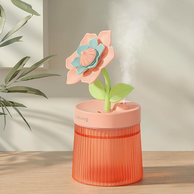 Flower Mini Humidifier, Cute Small Humidifiers, USB Portable Personal Cool Mist Desktop Humidifiers, Cooling for Home Office Car Summer Travel (260ml, Pink Gardenia)