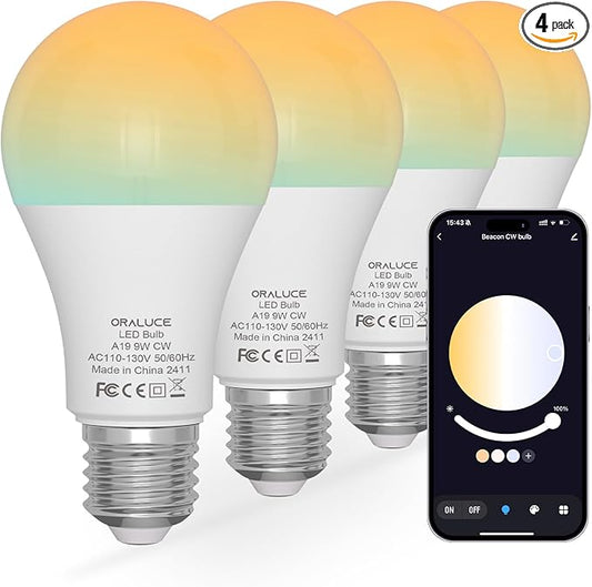 ORALUCE Bluetooth Smart Light Bulb 60 Watt Equivalent, Dimmable 2700-6500K Lightbulbs E26 Base, A19 9W LED Light Bulbs for Lamp, Bedroom, 4 Pack (No WiFi Connection)