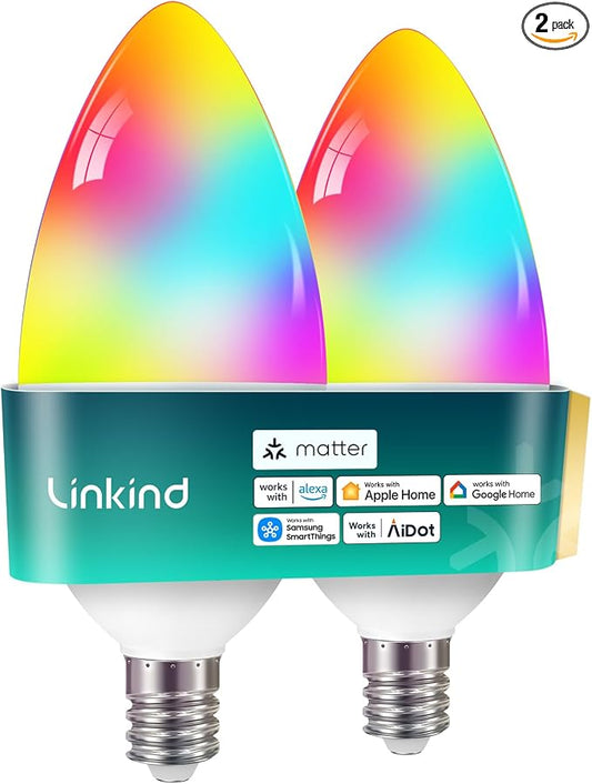 Linkind Matter E12 Led Bulb, Color Changing Smart Light Bulbs, 2 Pack | Works with Alexa/Apple Home/Google Home, Decorative Candelabra Light Bulbs for Chandelier, Tunable White, 2.4G WiFi, 500LM