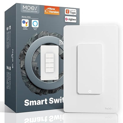 MOES 2nd Generation Zigbee Smart Switches, No Neutral Wire, Require MOES Zigbee Hub Inteligente Single Pole Light Switch, Compatible with Alexa Google Assistant, Support Tuya Smart Life