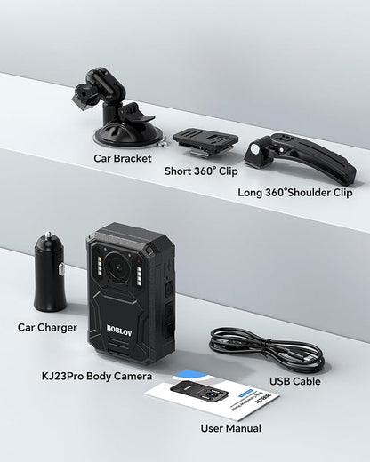 BOBLOV KJ23Pro 2K Body Camera, 128GB Body Worn Camera with Night Vision, 4000mAh Battery for 15 Hours Continuous Recording, with Car Suction for Dashcams, Law Enforcement, Security, Outdoor Work