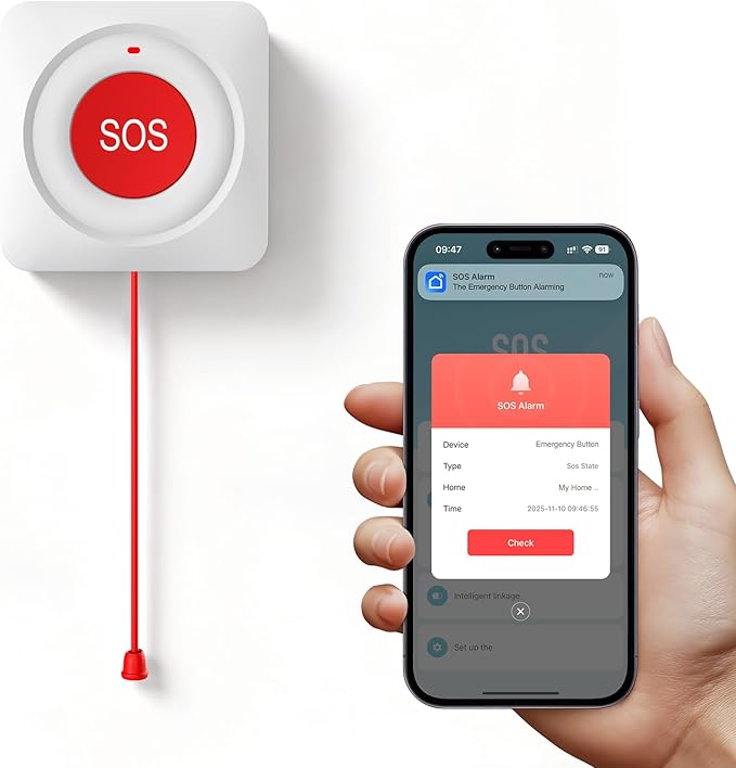 WiFi Wireless Emergency Button SOS Alarm Bell,Senior Safety Care Home Alarm System with Tuya App Notification,Elderly Caregiver Caregiver Call Button,No Monthly Fee,Waterproof