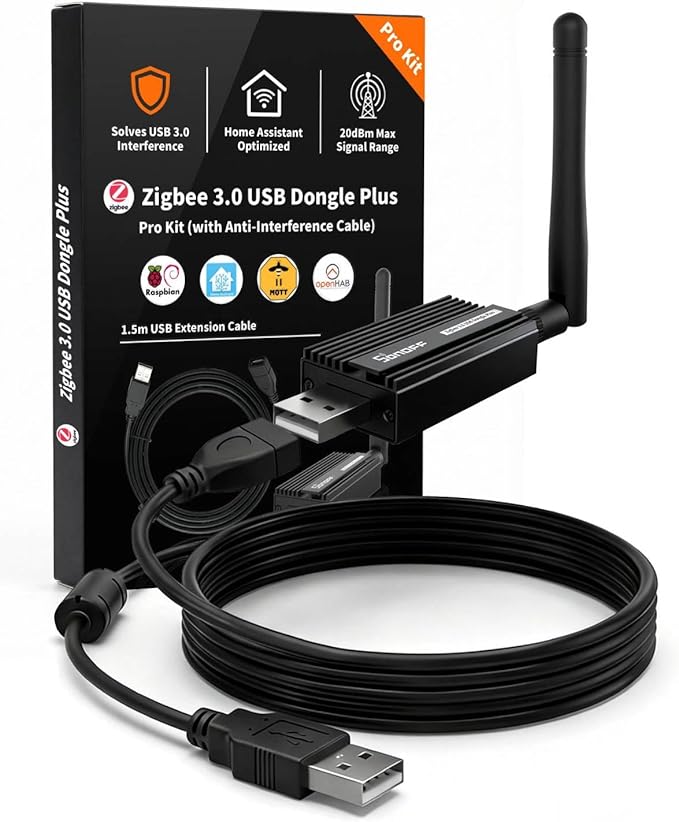 Zigbee 3.0 USB Dongle Plus-E (ZBDongle-E) Kit with 1.5m Shielded Extension Cable | Solves USB 3.0 Interference | EFR32MG21 Coordinator +20dBm for Home Assistant (ZHA), Zigbee2MQTT & Local Hub