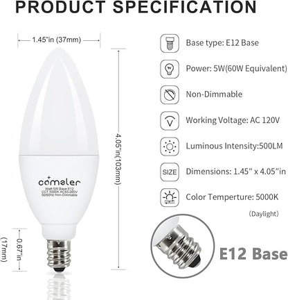 comzler 12 Pack E12 LED Candelabra Light Bulb, 5000K Daylight, 5 Watt 60W Equivalent Ceiling Fan Light Bulbs, Type B Light Bulb B11 Shape for Chandelier, Small Base, CRI85+, 500Lumen, Non-Dimmable