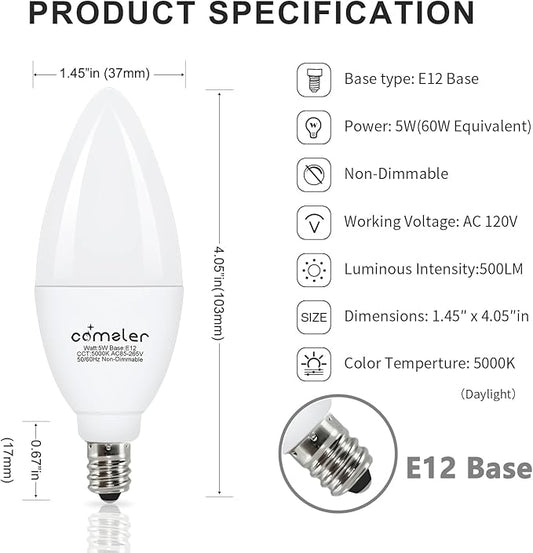 comzler 12 Pack E12 LED Candelabra Light Bulb, 5000K Daylight, 5 Watt 60W Equivalent Ceiling Fan Light Bulbs, Type B Light Bulb B11 Shape for Chandelier, Small Base, CRI85+, 500Lumen, Non-Dimmable