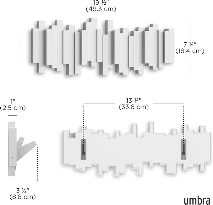 Umbra Sticks Wall Mount Coat Rack, 5 Hook Retractable Pegs, White | Mounting hardware included, sculptural modern design, entryway or bedroom use, recycled plastic