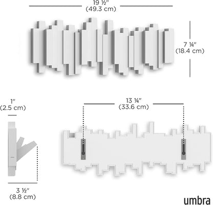 Umbra Sticks Wall Mount Coat Rack, 5 Hook Retractable Pegs, White | Mounting hardware included, sculptural modern design, entryway or bedroom use, recycled plastic