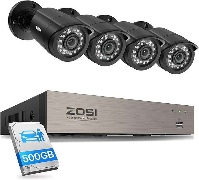 ZOSI 8CH 3K Lite Home Wired Security Camera System, AI Human Vehicle Detection, 4pcs 1920TVL 2MP Indoor Outdoor Camera, Night Vision, H.265+ 8 Channel DVR with 500GB Hard Drive for 24/7 Recording