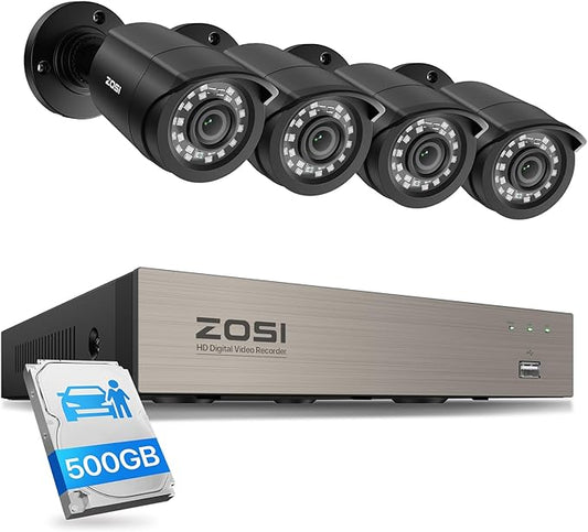 ZOSI 8CH 3K Lite Home Wired Security Camera System, AI Human Vehicle Detection, 4pcs 1920TVL 2MP Indoor Outdoor Camera, Night Vision, H.265+ 8 Channel DVR with 500GB Hard Drive for 24/7 Recording