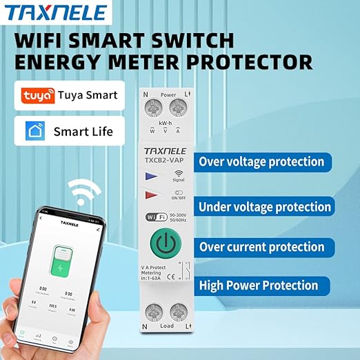 TUYA WiFi Smart Circuit Breaker Power Metering Energy Meter KWh 1P 230V 63A Voltmeter Ammeter Energy Meter DIN Rail Smart Life Wireless Remote Control Switch Timer Voice Control (1-63A Adjustable)